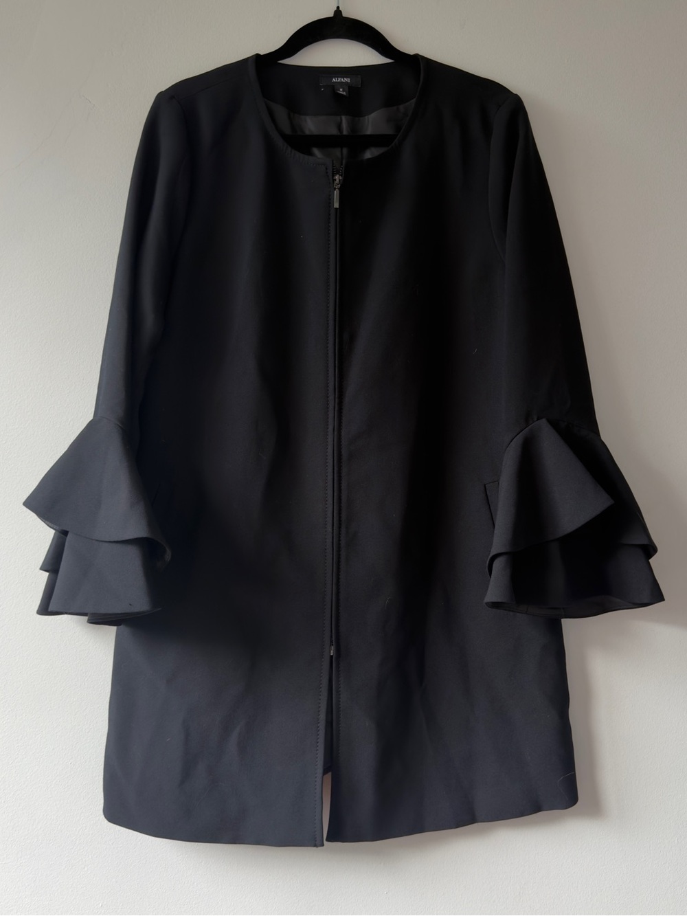 Alfani Womens‎ Black Ruffle Bell Sleeve Zip Up Collarless Jacket Coat Size M